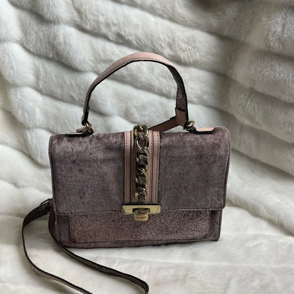 Aldo rose gold glitter &light brown velvet satchel/shoulder bag gold tone accent